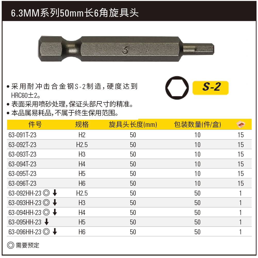 [63-094T-23] 6.3MM系列6角旋具头H4x50mm(x10)