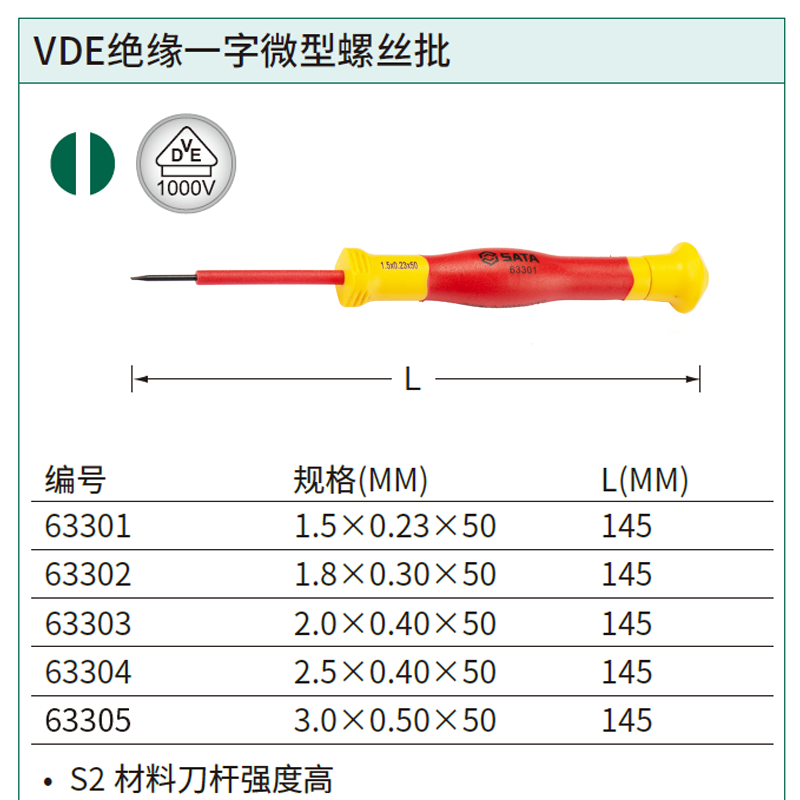 [63301] VDE绝缘一字微型螺丝批1.5×0.23x50MM