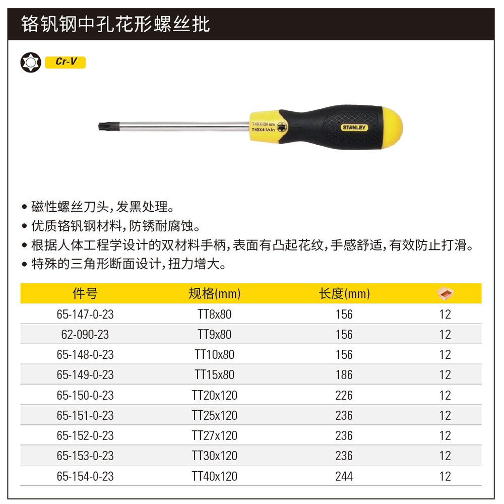 史丹利/stanley 胶柄中孔花形螺丝批TT20x120mm 65-150-0-23