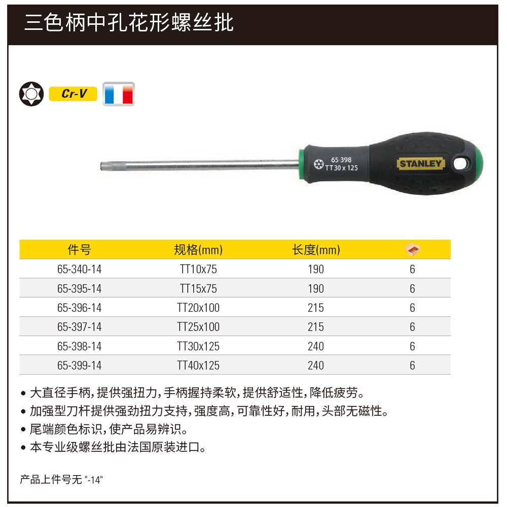 [65-396-14] 三色柄中孔花形螺丝批TT20x100mm
