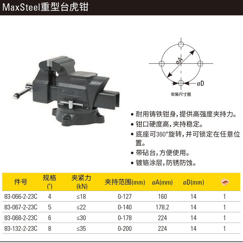 [83-132-2-23C] MaxSteel重型台虎钳8″