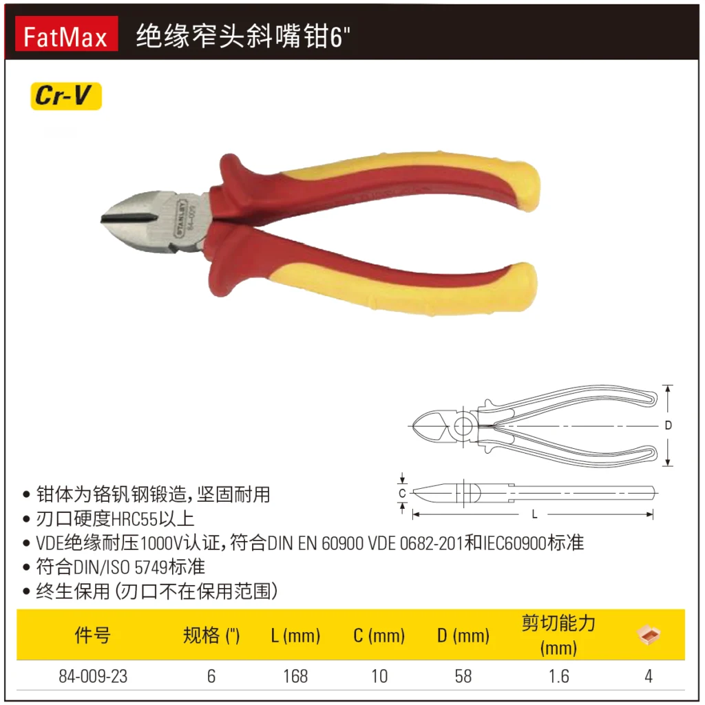[84-009-23] FatMax绝缘窄头斜嘴钳6”