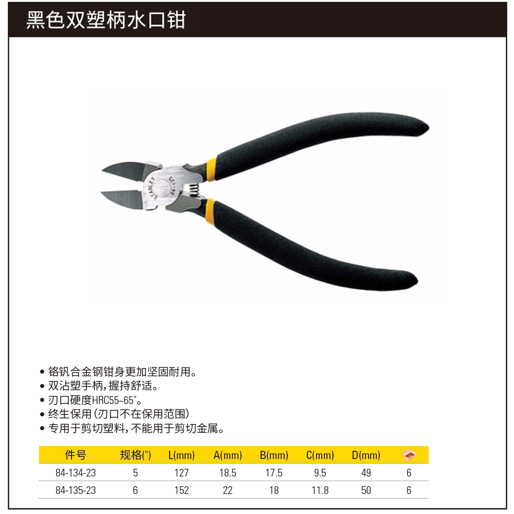 [84-135-23] 黑色双塑柄水口钳6″