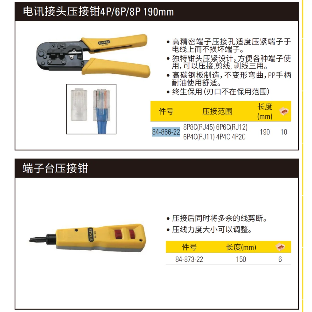 [84-866-22] 电讯接头压接钳4P/6P/8P 190mm