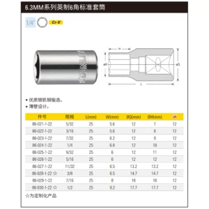 [86-028-1-22] 6.3MM系列英制6角标准套筒3/8"(将改定制化)