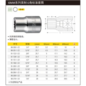 [86-261-1-22] 10MM系列英制12角标准套筒5/16"(定制化)