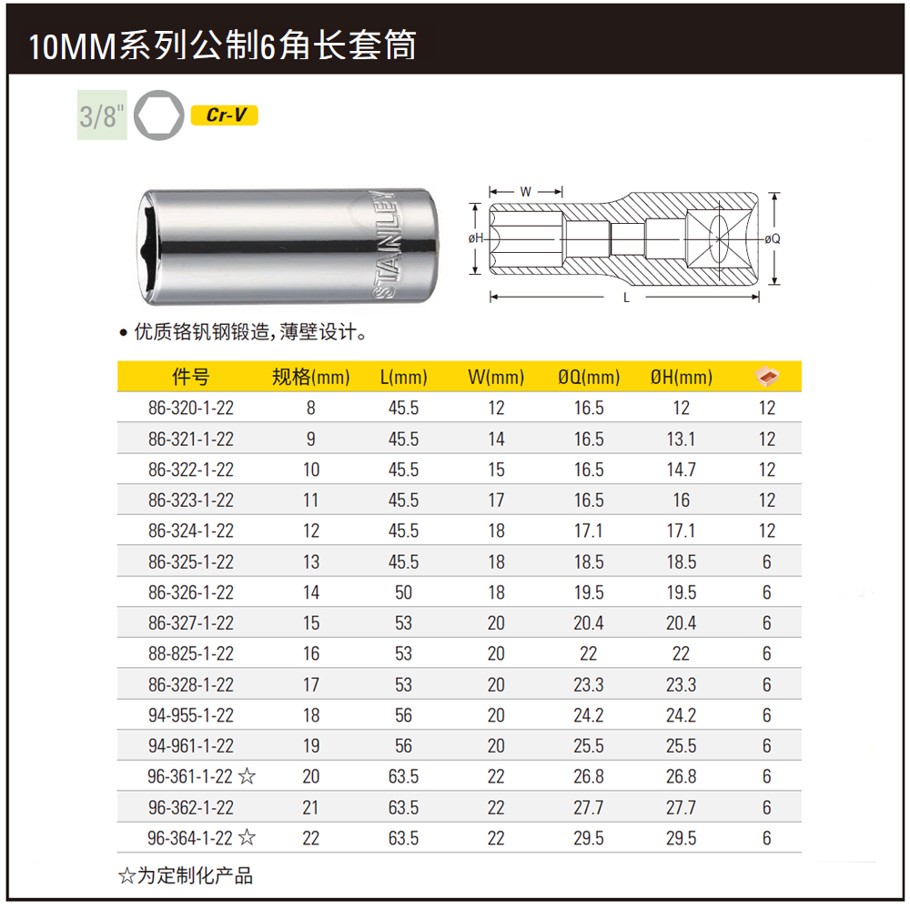 [86-323-1-22] 10MM系列公制6角长套筒11mm