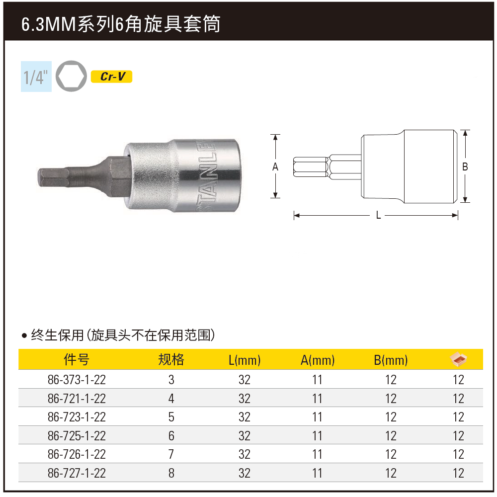 [86-721-1-22] 6.3MM系列6角旋具套筒4mm
