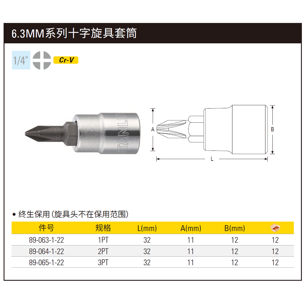 [89-064-1-22] 6.3MM系列十字旋具套筒2PT
