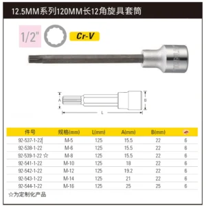 [92-541-1-22] 12.5MM系列120mm长12角旋具套筒M10
