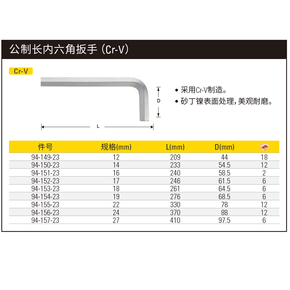 [94-156-23] 公制长内六角扳手(Cr-V)24mm