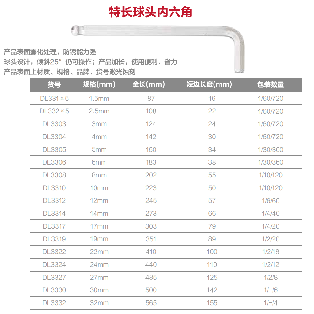 [DL3303] 单只特长球头内六角3MM(银)(支)