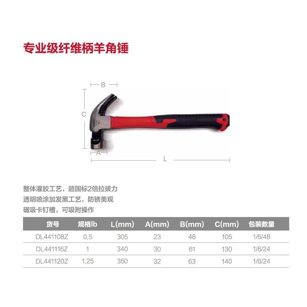 [DL441116Z] 专业级纤维柄羊角锤16oz(红)(把)