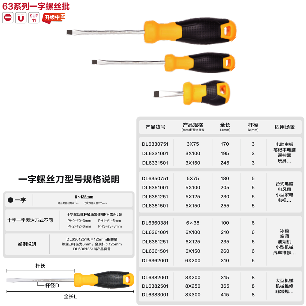[DL6350751] 鱼雷柄一字螺丝批5x75mmSUP11(黄)(把)