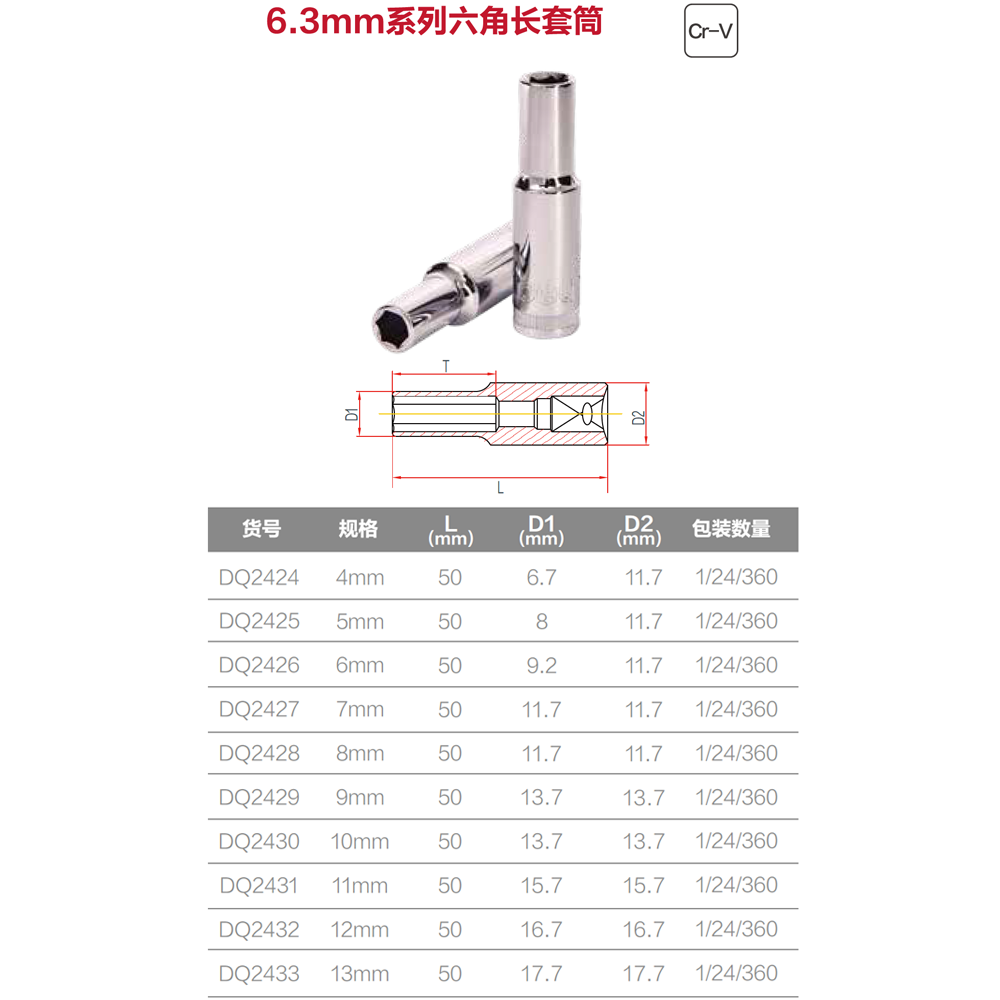 [DQ2433] (终保)6.3mm系列六角长套筒13mm(银)(支)