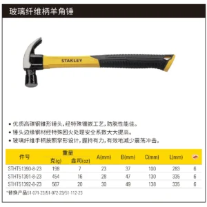 [STHT51391-8-23] Stanley玻璃纤维柄羊角锤16oz