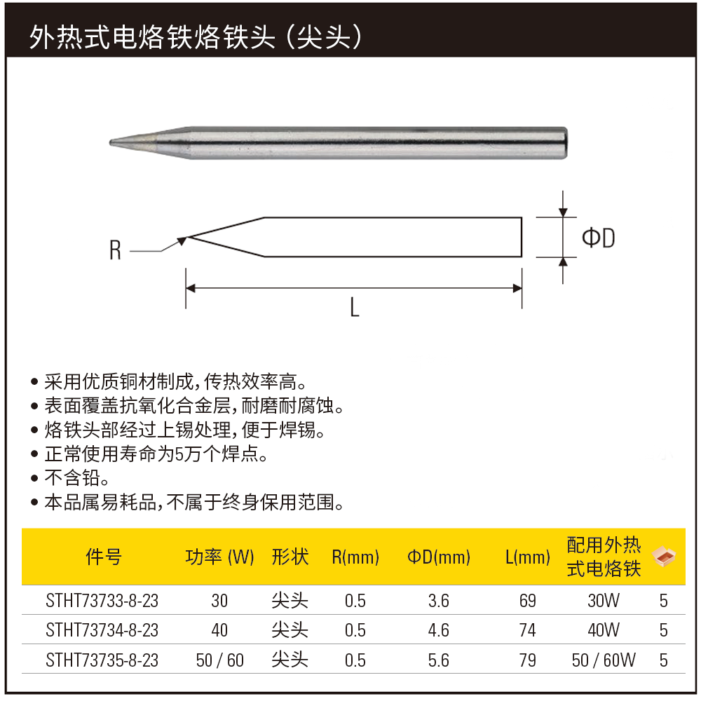 [STHT73735-8-23] 外热式电烙铁50/60W烙铁头(尖头)