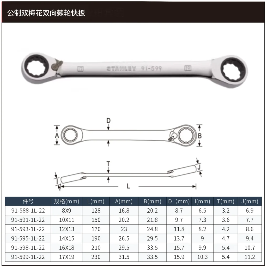 STANLEY/史丹利 公制双梅花双向棘轮快扳8x9mm 91-588-1L-22